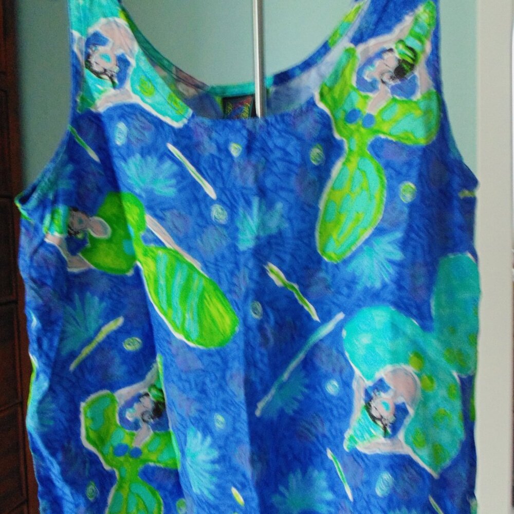 Vtg 80s Big Hed Designs Rayon Blue Green Hawaiian Floaty Tank Fashion Goddess